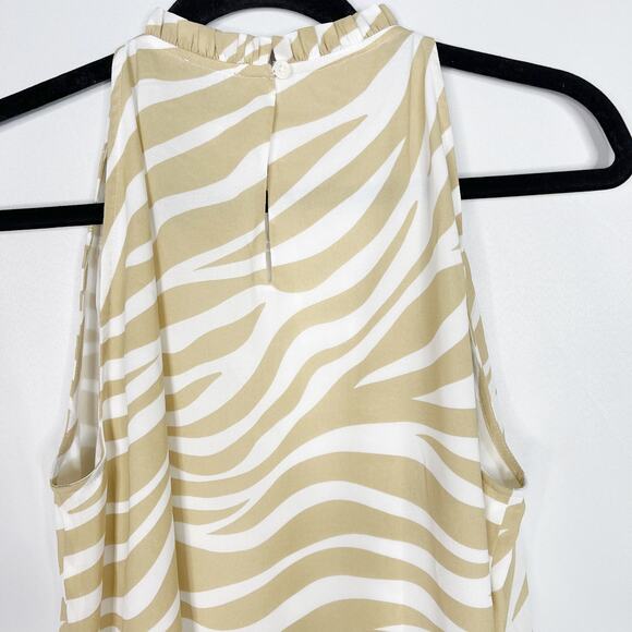 New Ann Taylor Medium Cream Tan Zebra Print Ruffle Smocked Neck Sleeveless Top - Picture 6 of 12